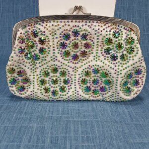 1950s Vintage White Satin Evening Bag with Green and Purple Bead Detail